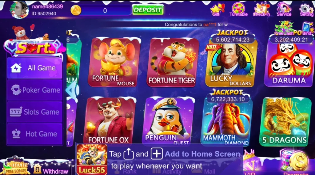Luck55 Game APK Main Lobby with Slots and Poker Games