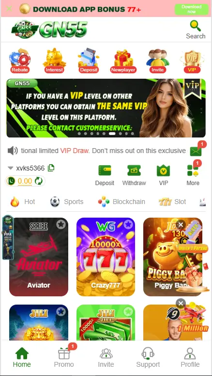 GN55 Game casino gaming app homepage displaying Aviator, Crazy777, Piggy Bank slots, deposit and withdrawal options, VIP rewards, and bonus promotions.