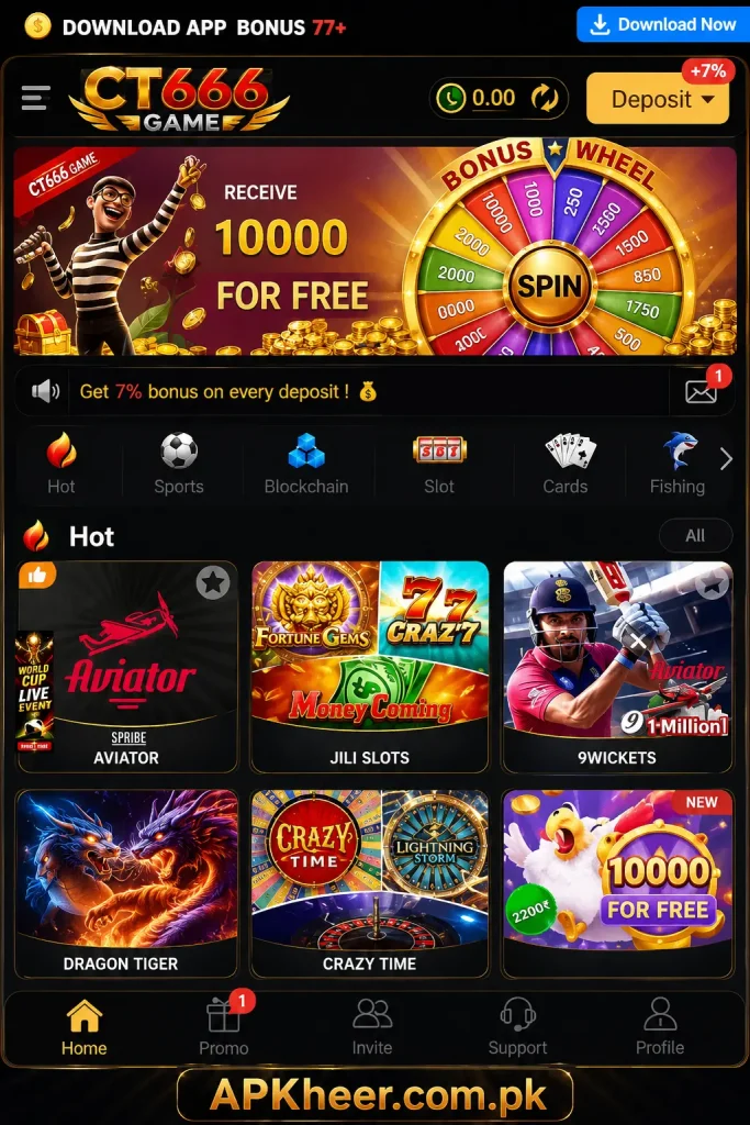 CT666 Game app homepage showing a bonus wheel, deposit bonus offer, casino games, Aviator, Dragon Tiger, Crazy Time, slots, sports betting, and a dark gold-themed gaming interface.