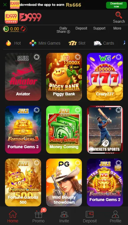 FD999 Game Android home screen with Aviator Piggy Bank Crazy777 and Fortune Gems