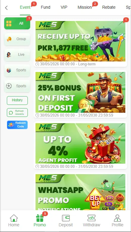 ME5 Game promotions section showing welcome bonus offers, first deposit rewards, agent profit program, WhatsApp promotions, and special event campaigns.