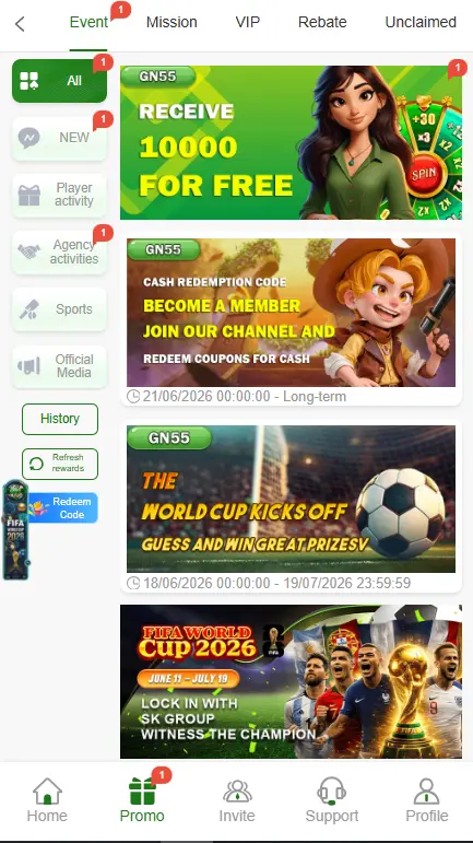 GN55 game app promo page showing free bonus events, redeem code offers, FIFA World Cup 2026 campaign, and sports reward activities.