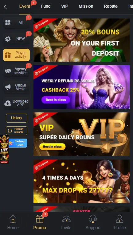 Six Game promotions page featuring first deposit bonus, cashback rewards, VIP benefits, and special gaming events.