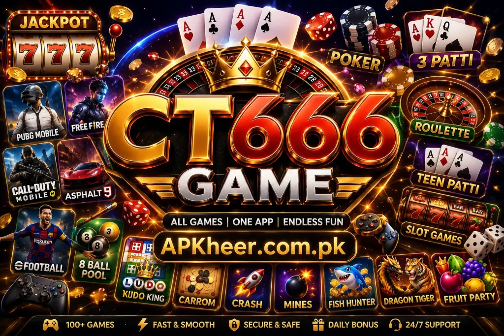 CT666 Game promotional banner featuring a large golden logo, poker cards, roulette wheel, slot machine, casino chips, PUBG Mobile, Free Fire, Call of Duty Mobile, 8 Ball Pool, Ludo King, and various casino games with glowing gold effects.