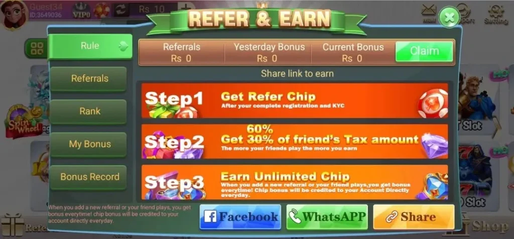 3patti crash game Referral rewards interface showing bonus earnings, referral tracking, claim options, and social sharing buttons for inviting friends.