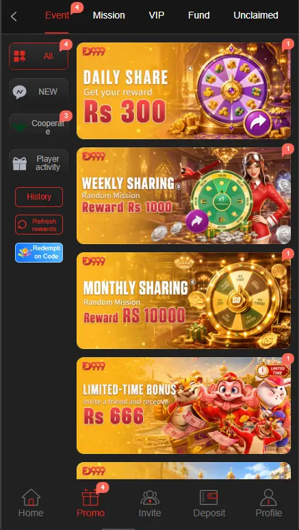 FD999 Game promotions showing daily weekly monthly sharing rewards