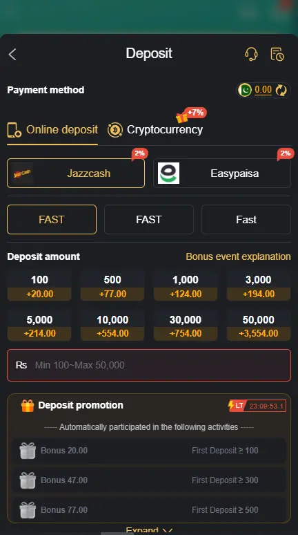 Six Game deposit page showing JazzCash and Easypaisa payment options, deposit amounts, bonus rewards, and promotional offers.