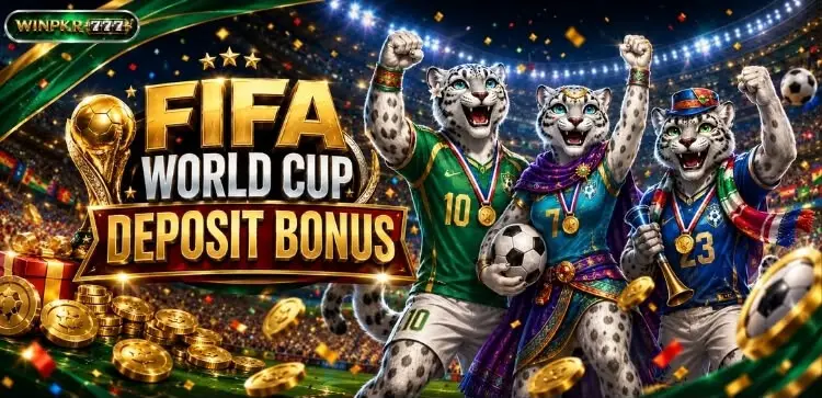 WinPkr777 FIFA World Cup deposit bonus promotion banner with football mascots and gold coins