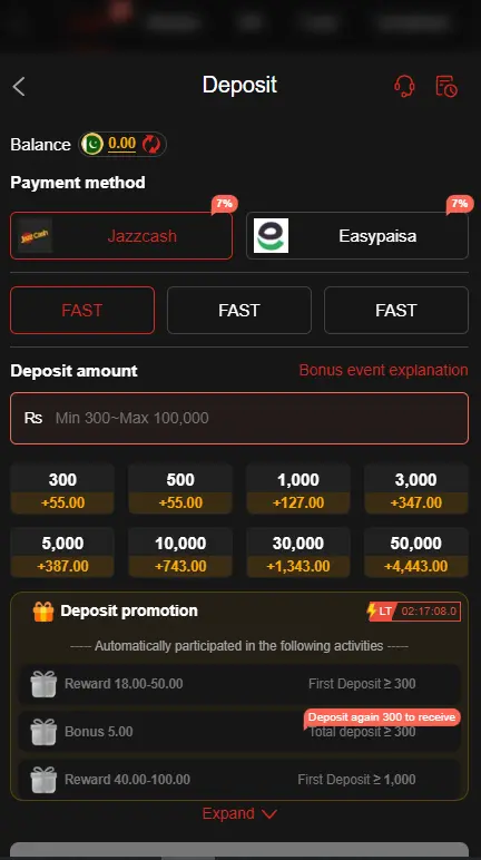 FD999 Game deposit page showing JazzCash Easypaisa and deposit options