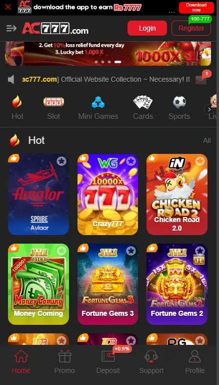 AC777 Game app home screen showing hot games and menu