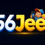 56Jeet Game 3D logo with a cartoon mascot holding a smartphone and gold coin on a dark blue background.