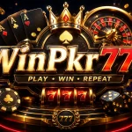 WinPkr777 game 3D casino logo with poker cards, roulette wheel, poker chips, golden crown, and 777 jackpot theme